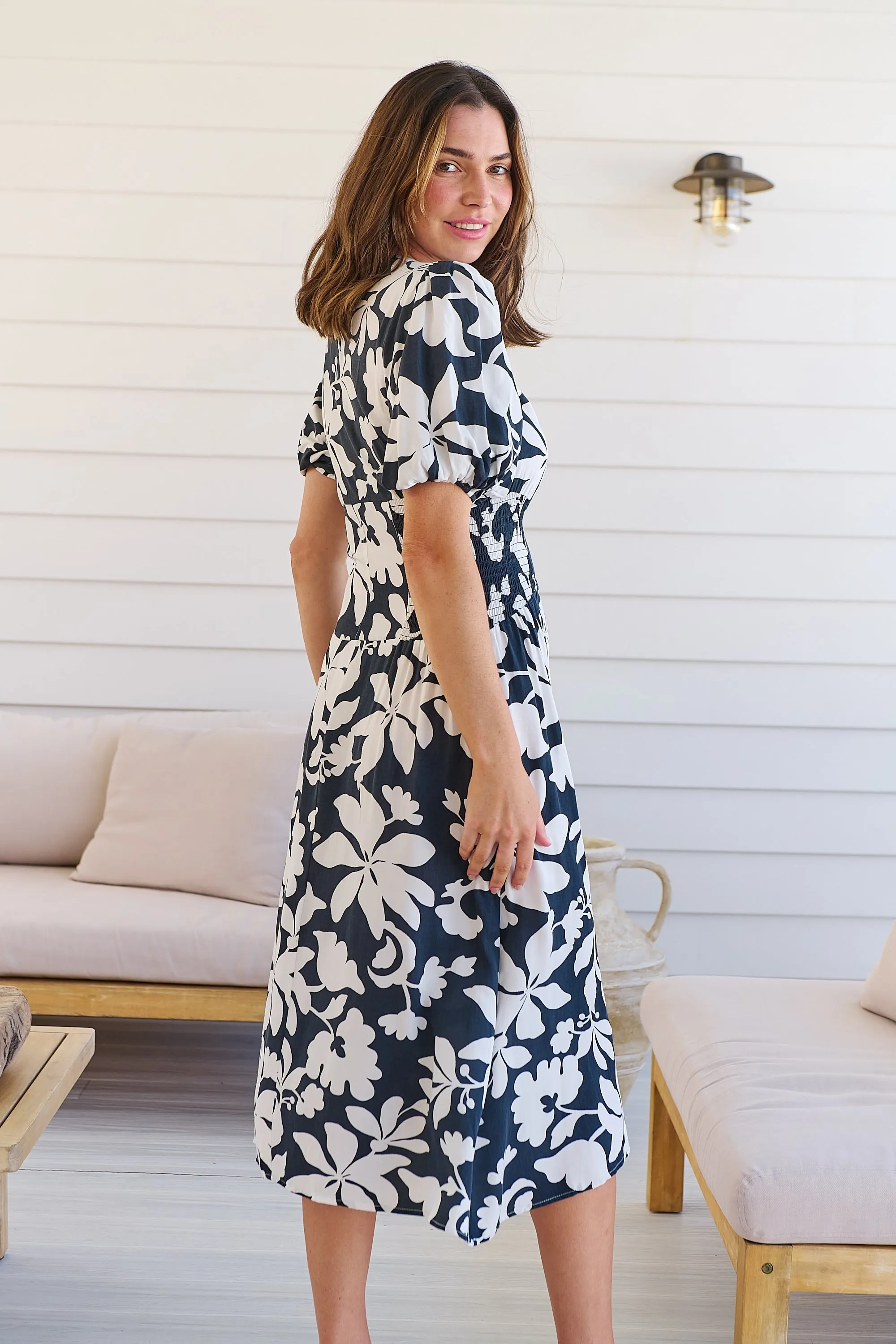 TeeTee Shirred Waist Bold Navy Floral Dress