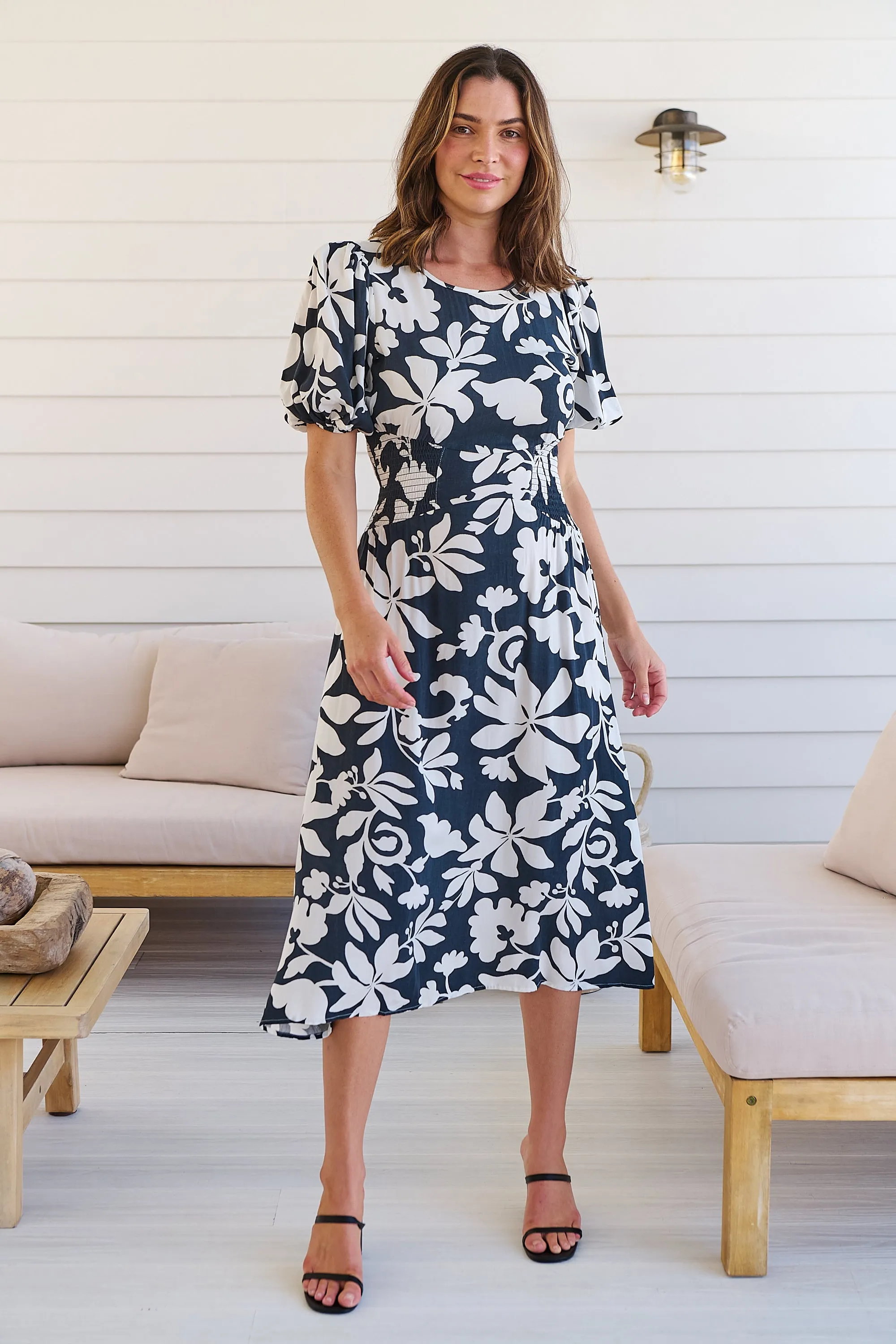 TeeTee Shirred Waist Bold Navy Floral Dress