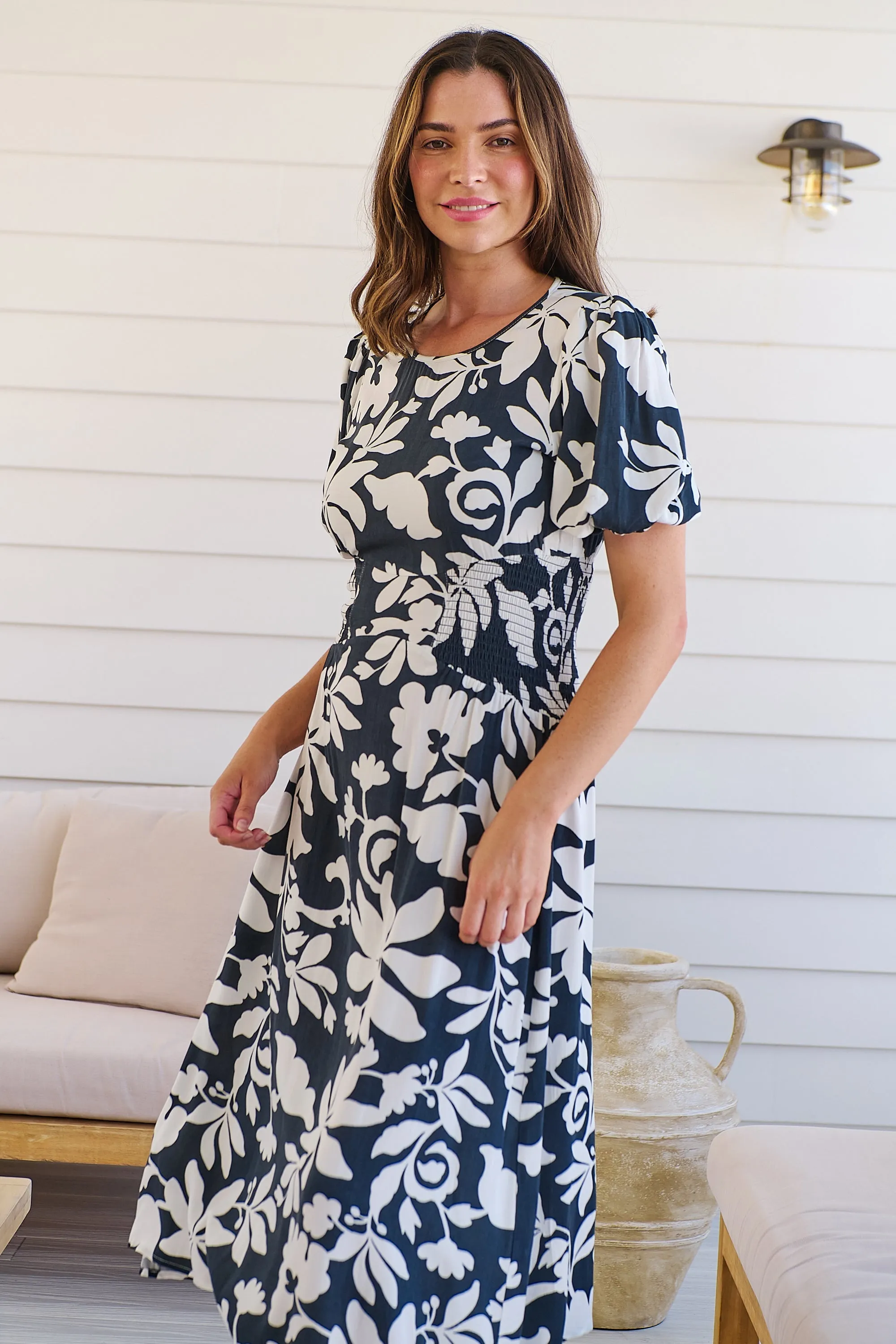 TeeTee Shirred Waist Bold Navy Floral Dress