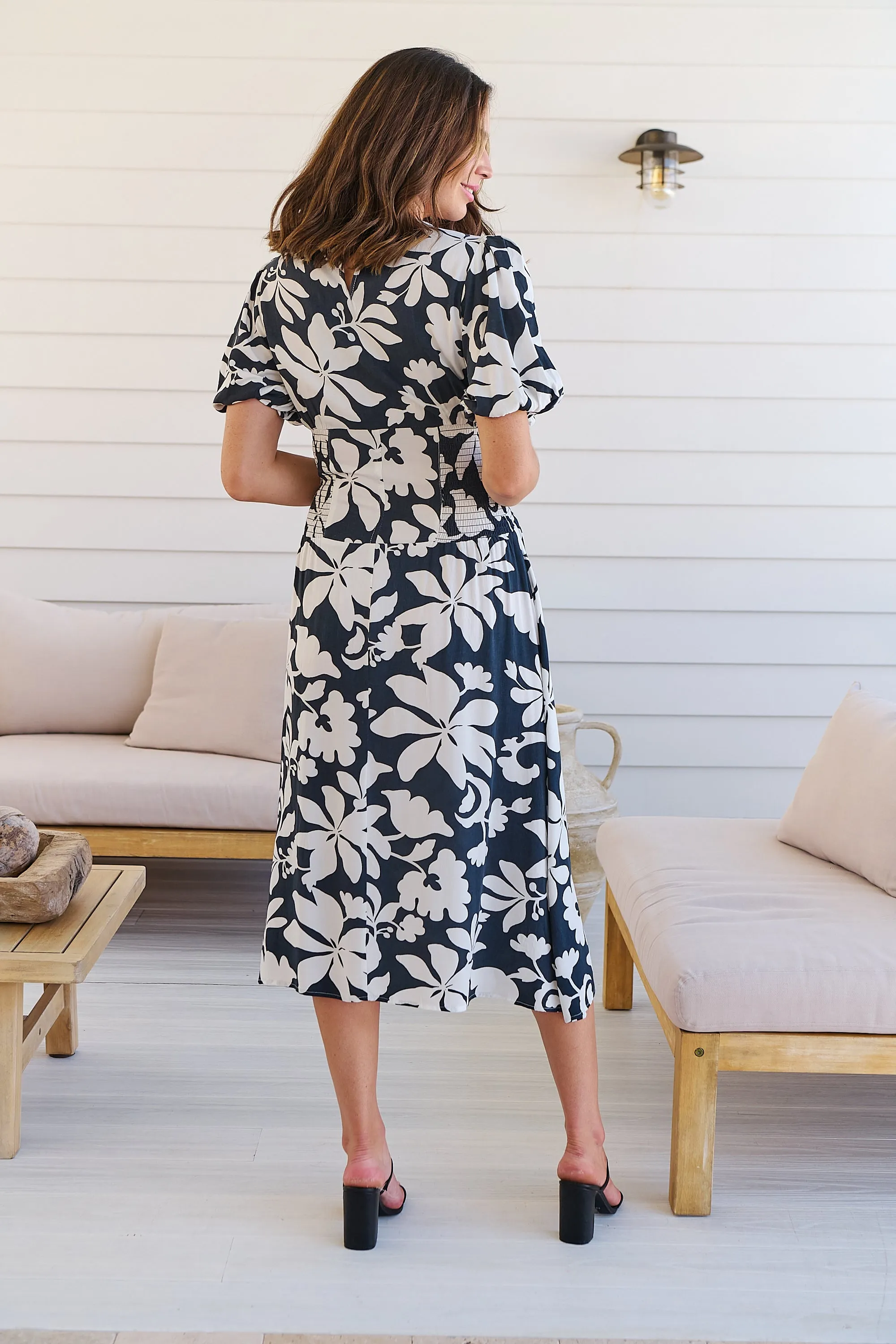 TeeTee Shirred Waist Bold Navy Floral Dress