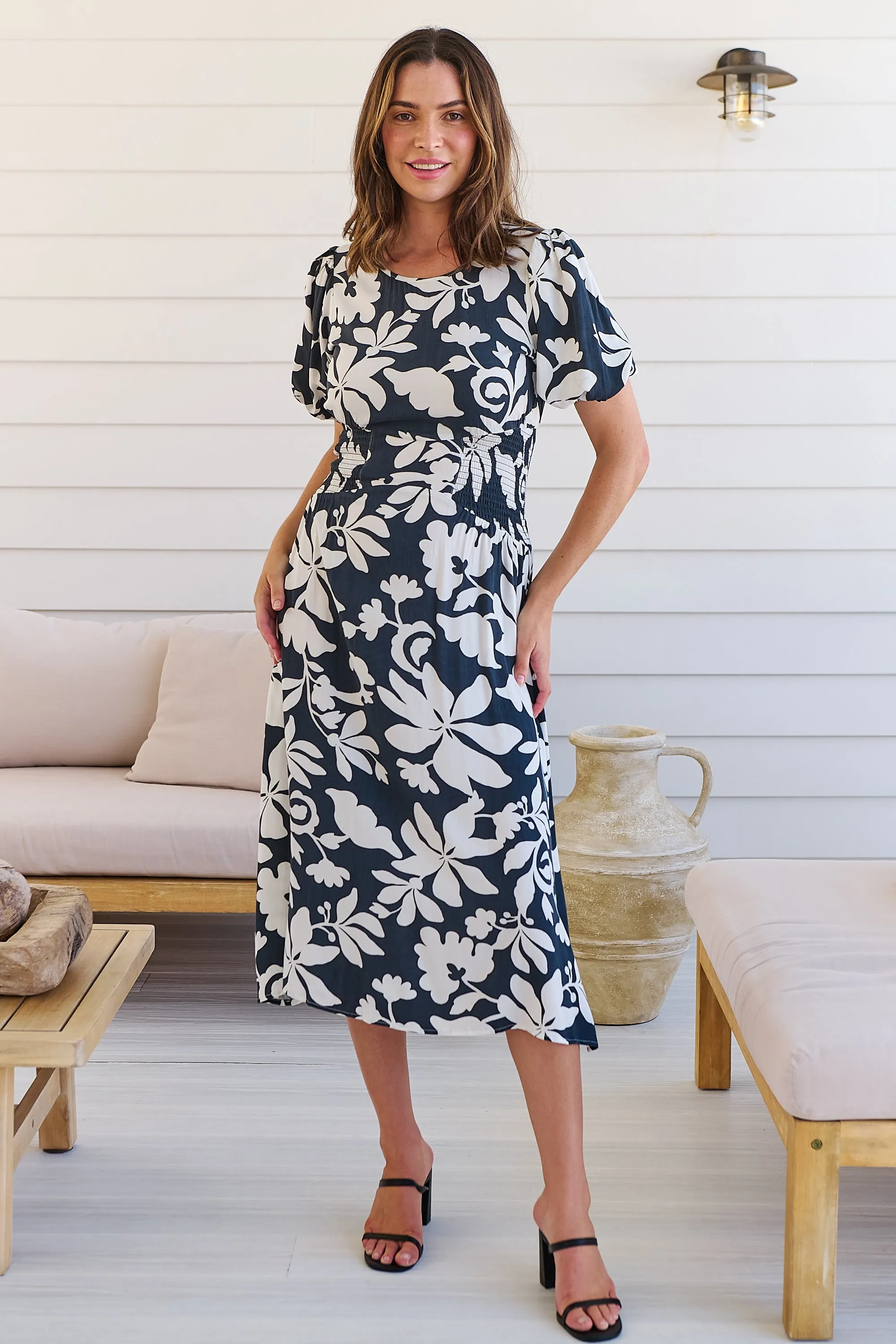 TeeTee Shirred Waist Bold Navy Floral Dress