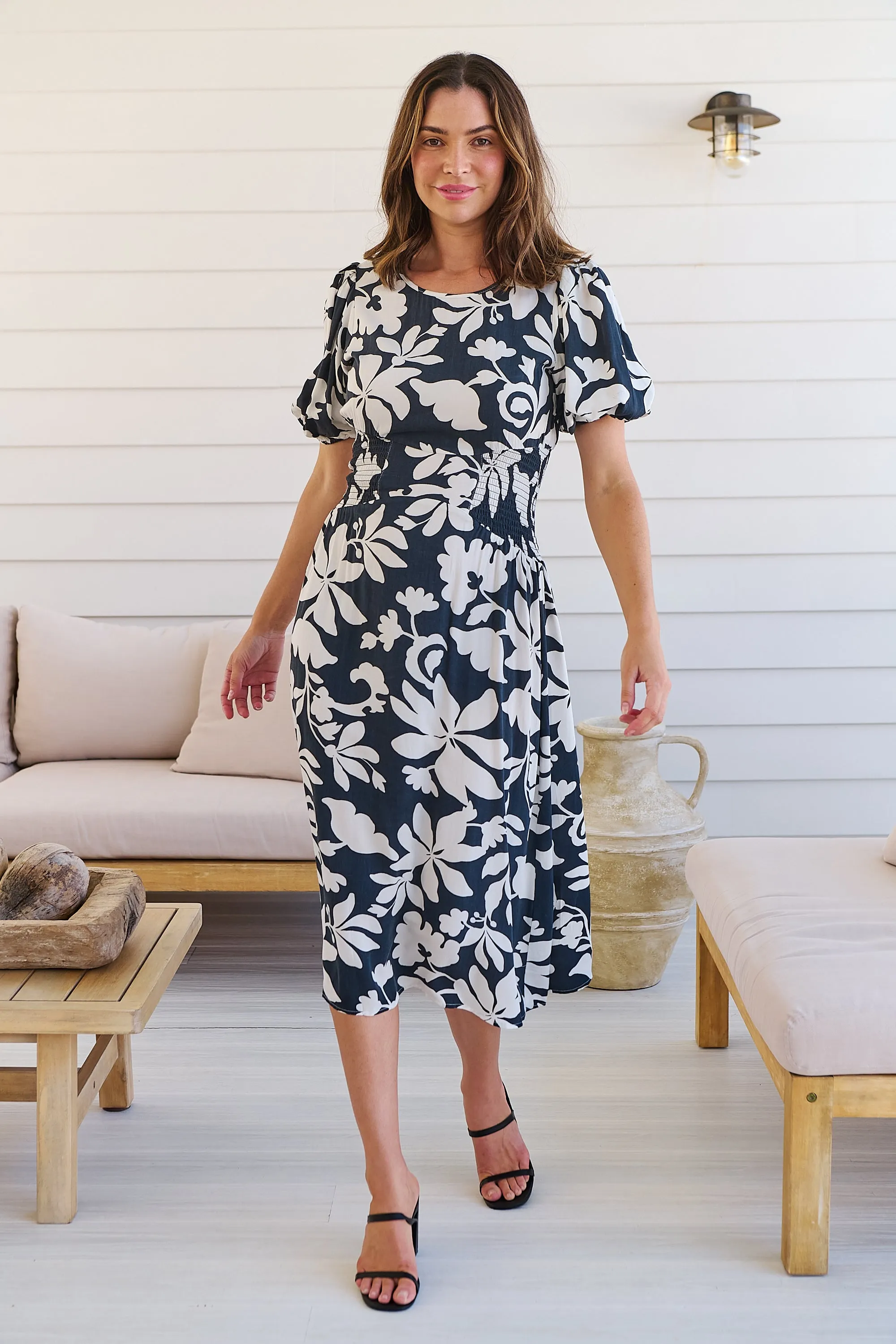 TeeTee Shirred Waist Bold Navy Floral Dress