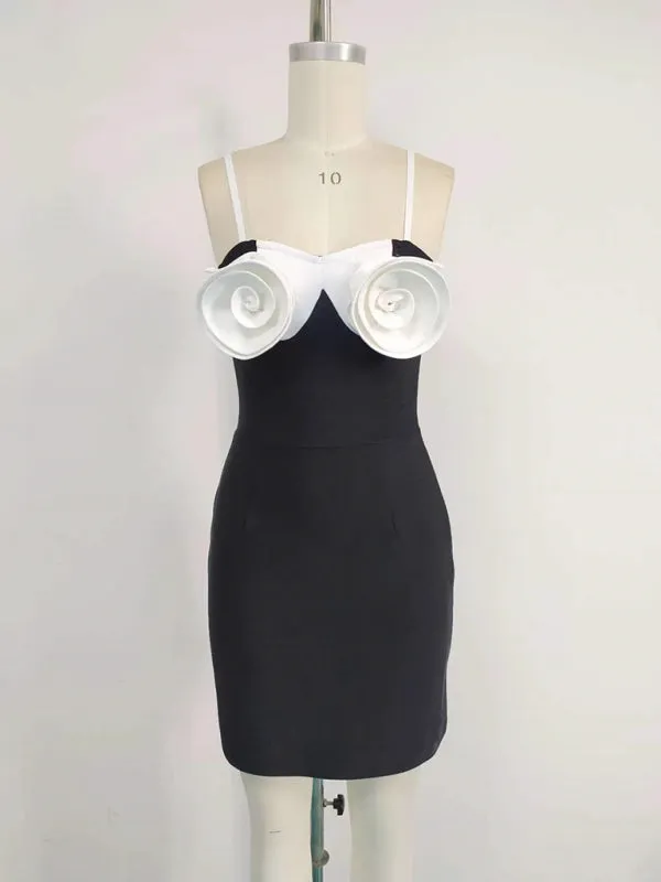 Trendy Black Sheath Dress with White Rosettes for Cocktail Parties