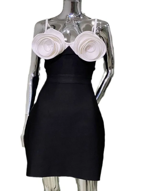 Trendy Black Sheath Dress with White Rosettes for Cocktail Parties