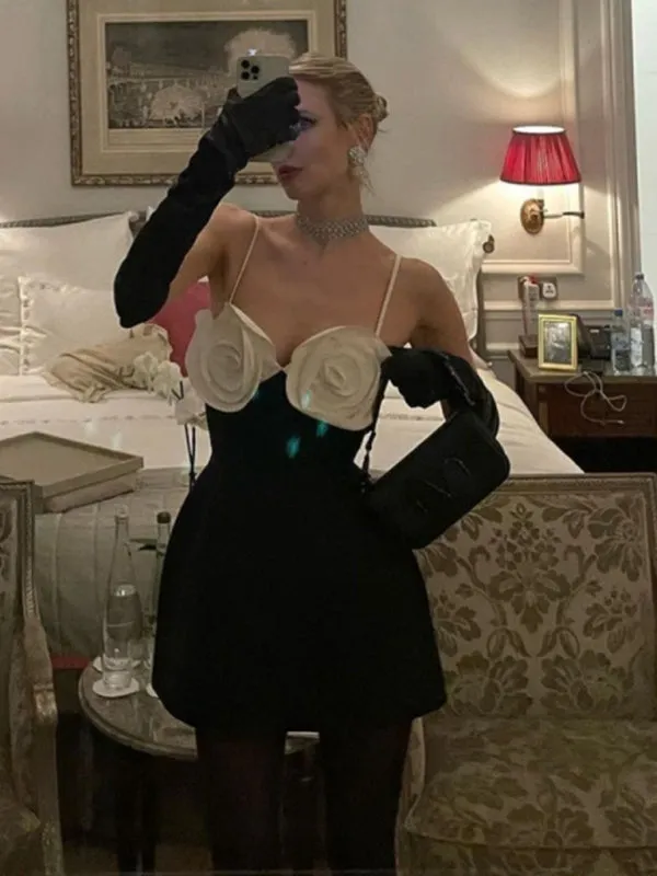 Trendy Black Sheath Dress with White Rosettes for Cocktail Parties