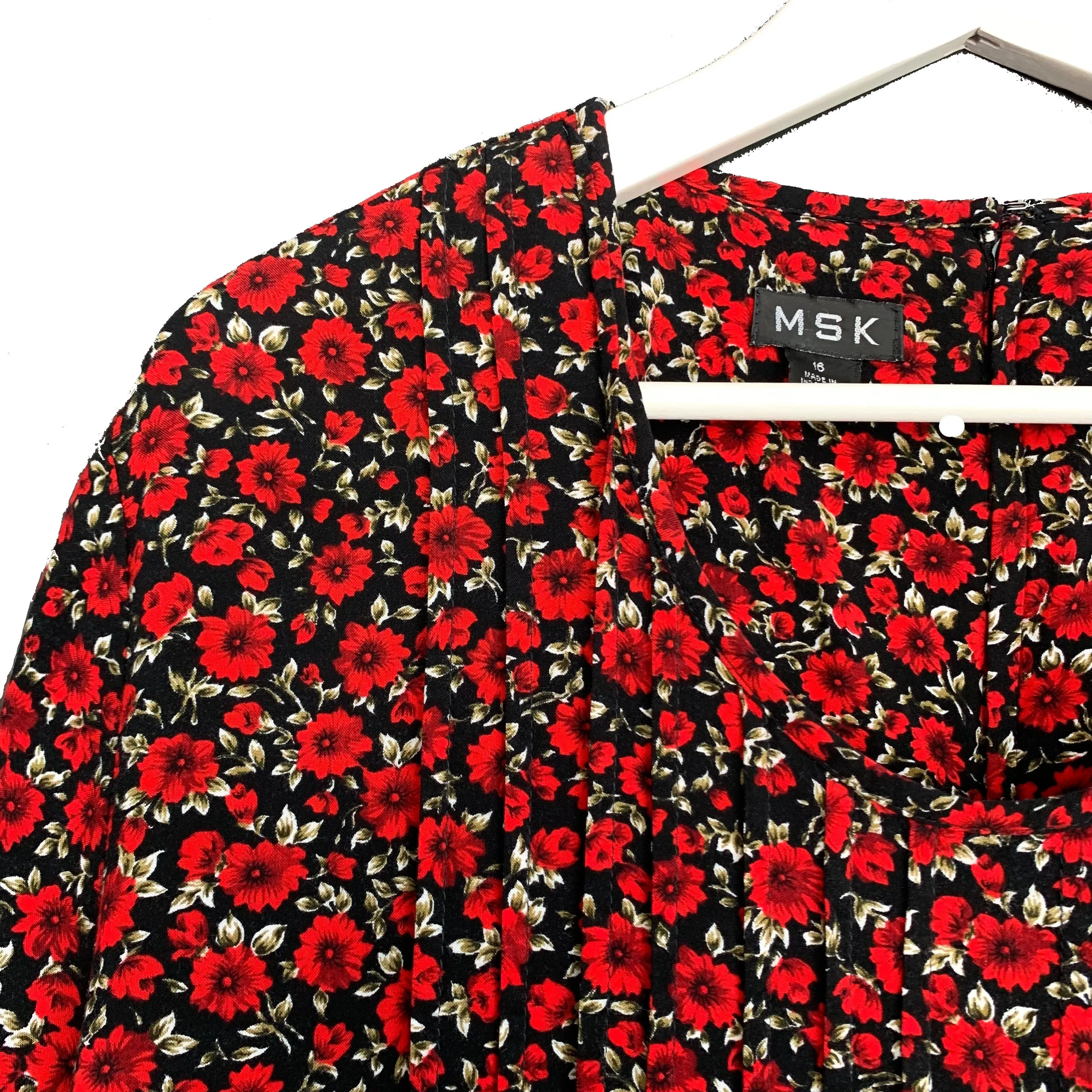 Vintage 90s MSK Red Floral Maxi Dress Short Sleeve Rayon 16