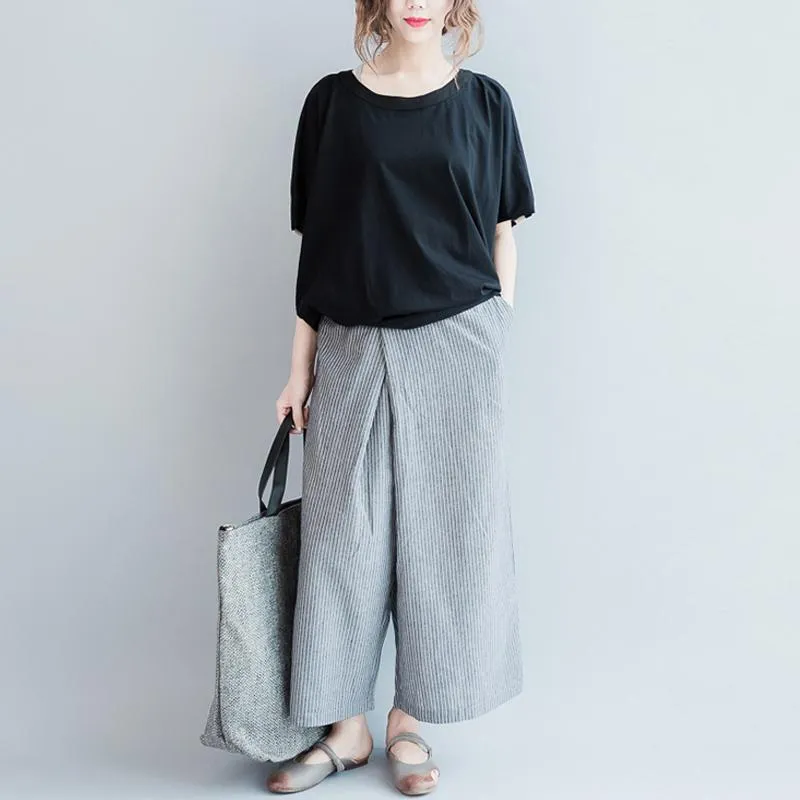 White and Grey Striped Wide Leg Pants