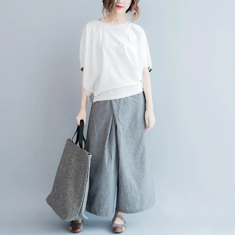 White and Grey Striped Wide Leg Pants