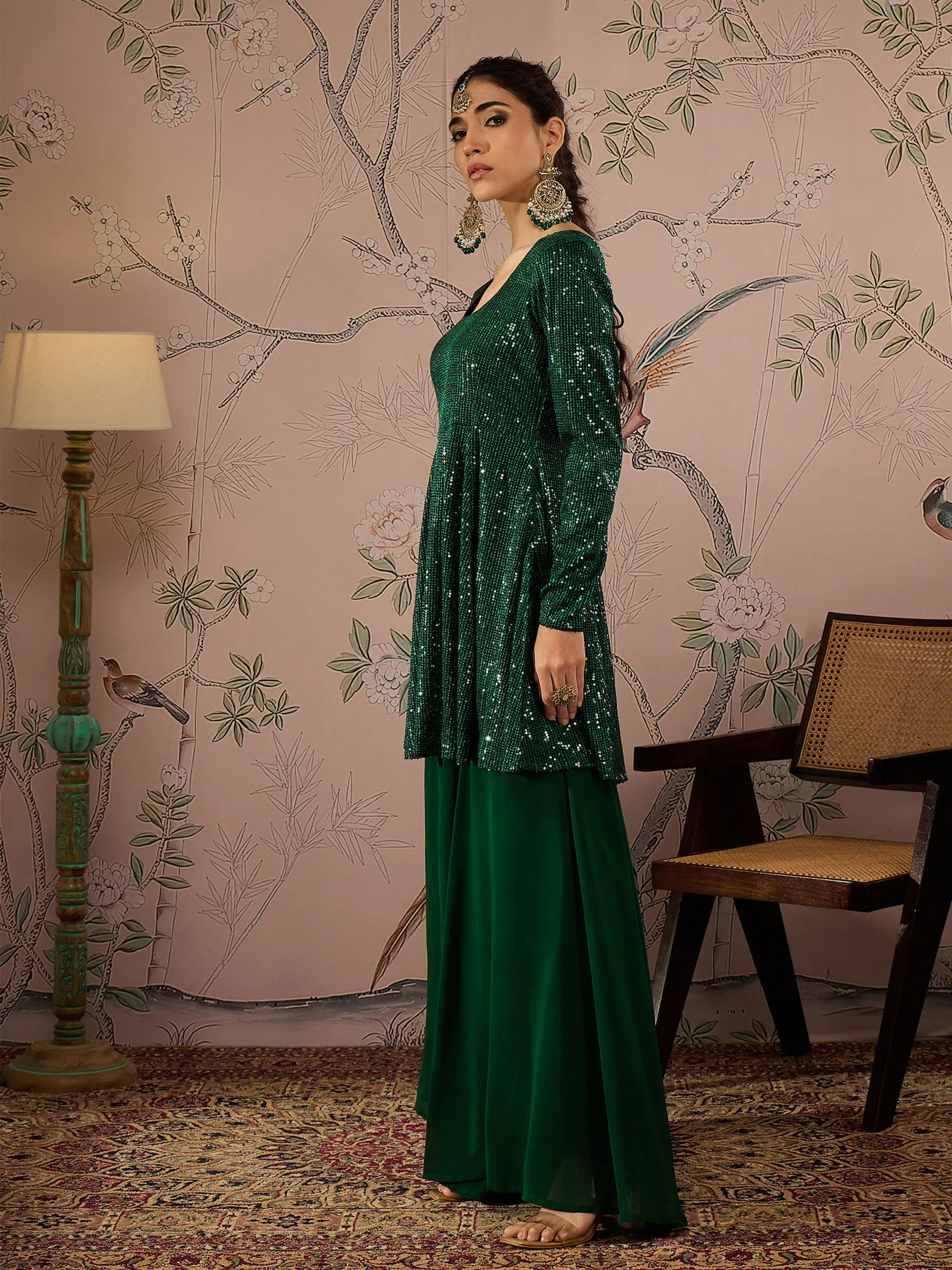 Women Emerald Green Sequins Peplum Top With Flared Pants