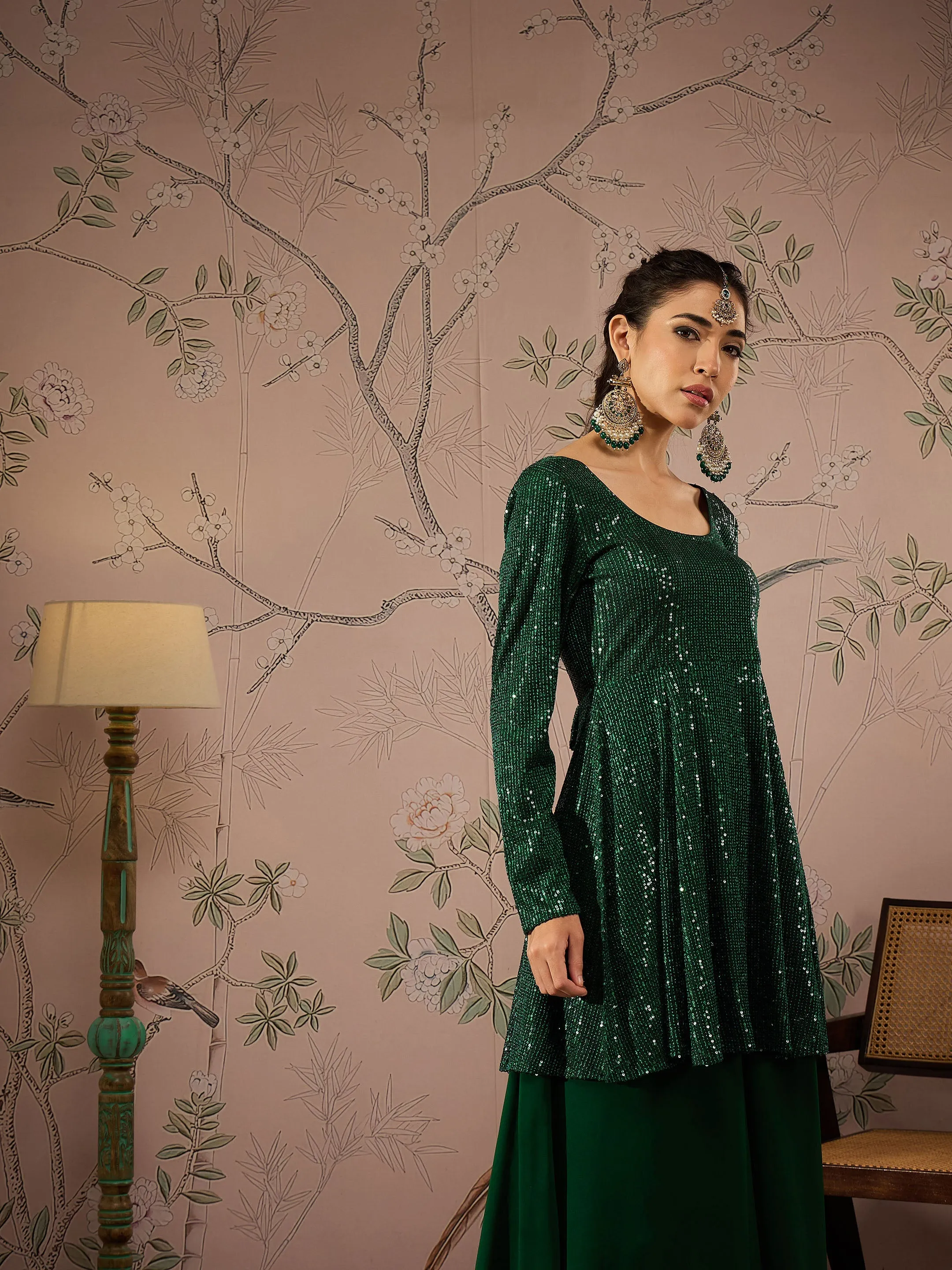 Women Emerald Green Sequins Peplum Top With Flared Pants