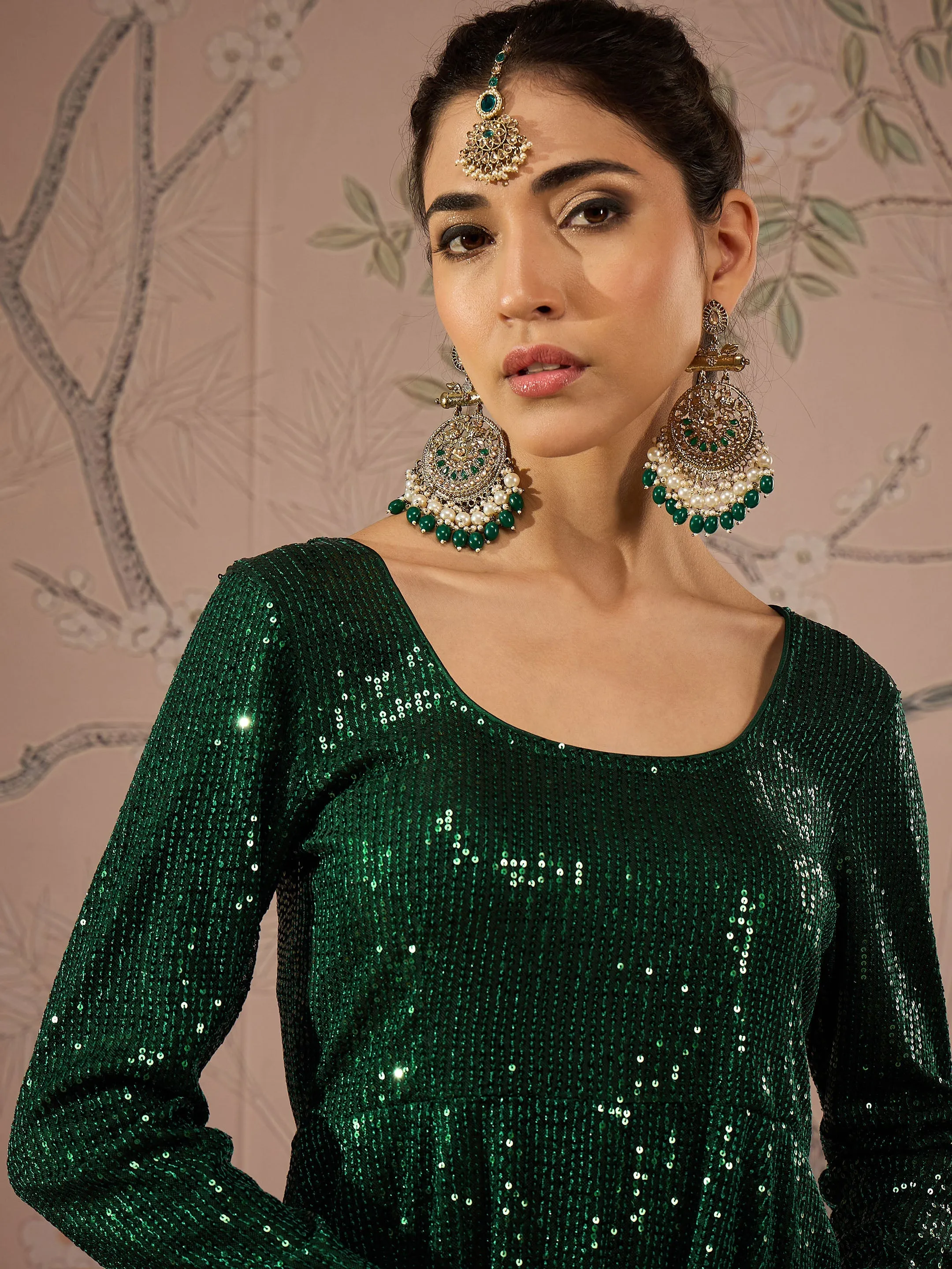 Women Emerald Green Sequins Peplum Top With Flared Pants