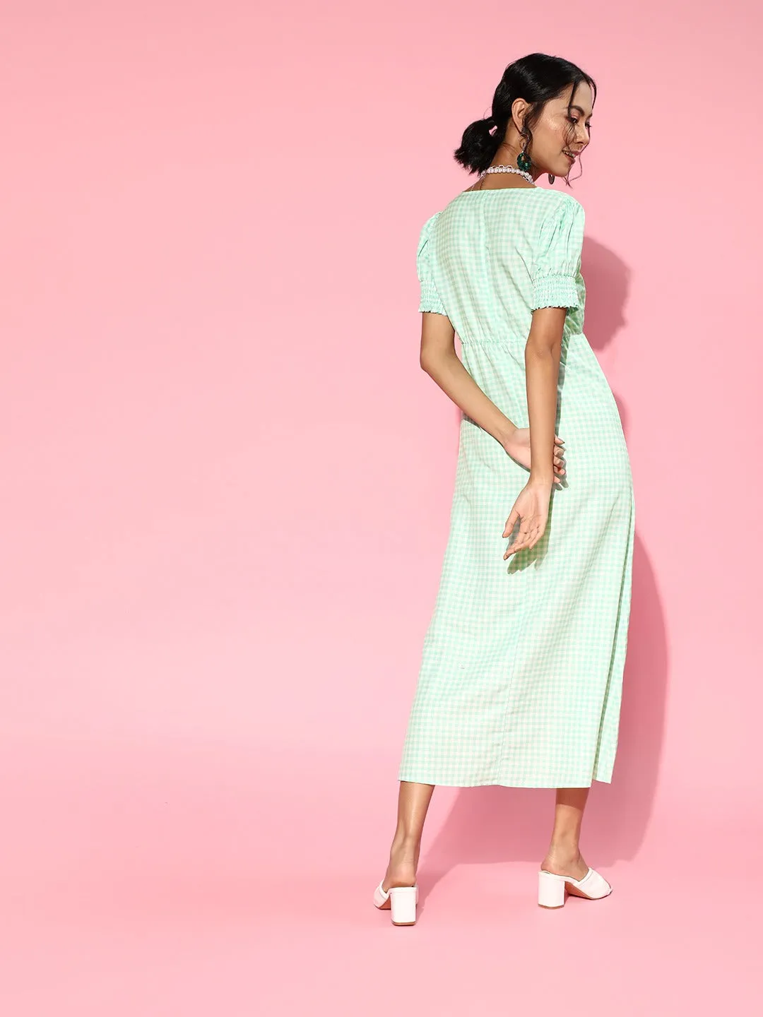 Women Green Gingham Check Square Neck Maxi Dress
