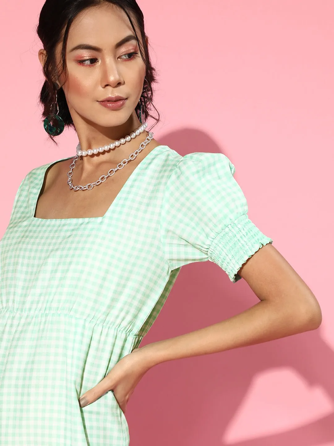 Women Green Gingham Check Square Neck Maxi Dress