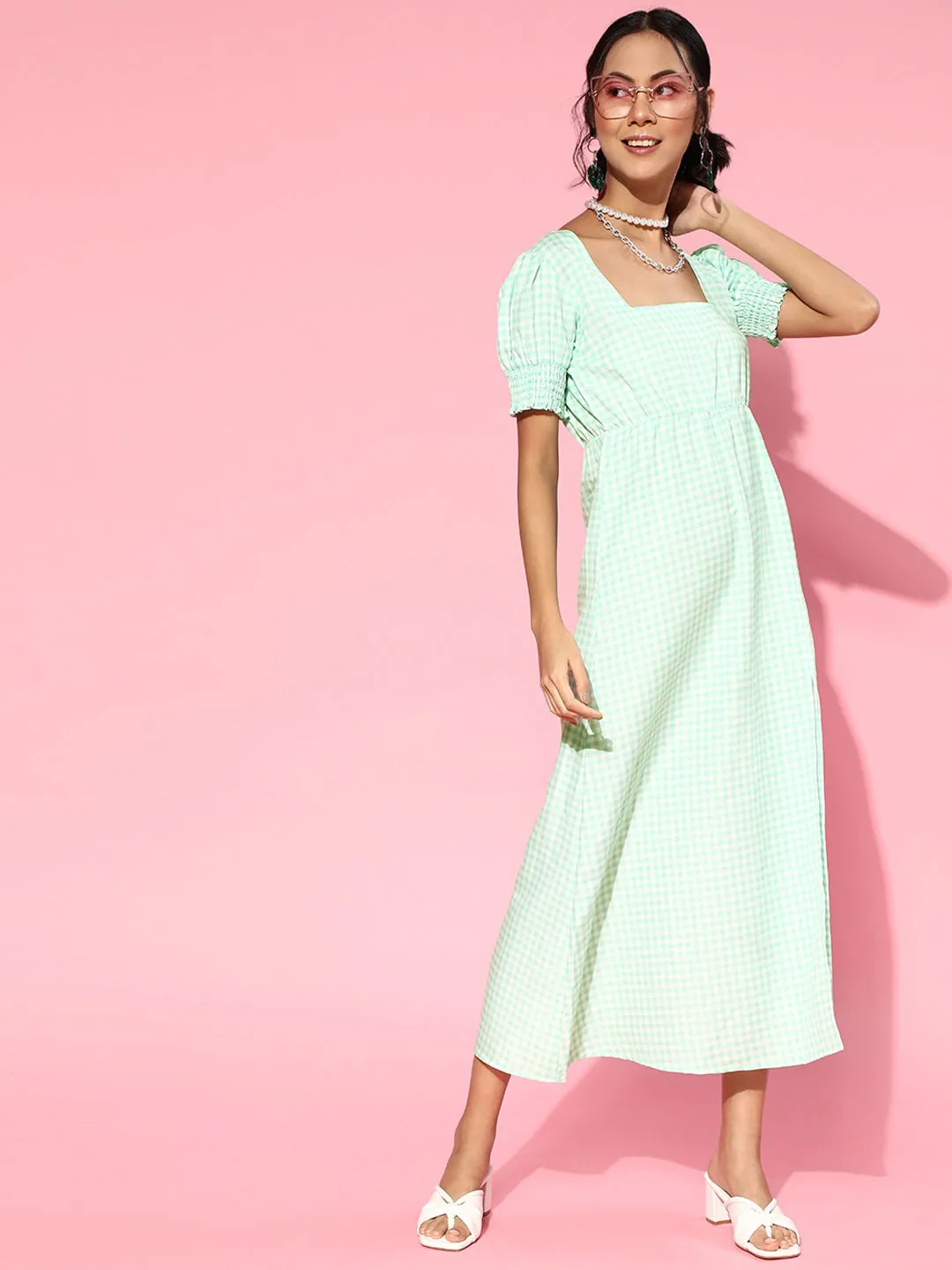 Women Green Gingham Check Square Neck Maxi Dress
