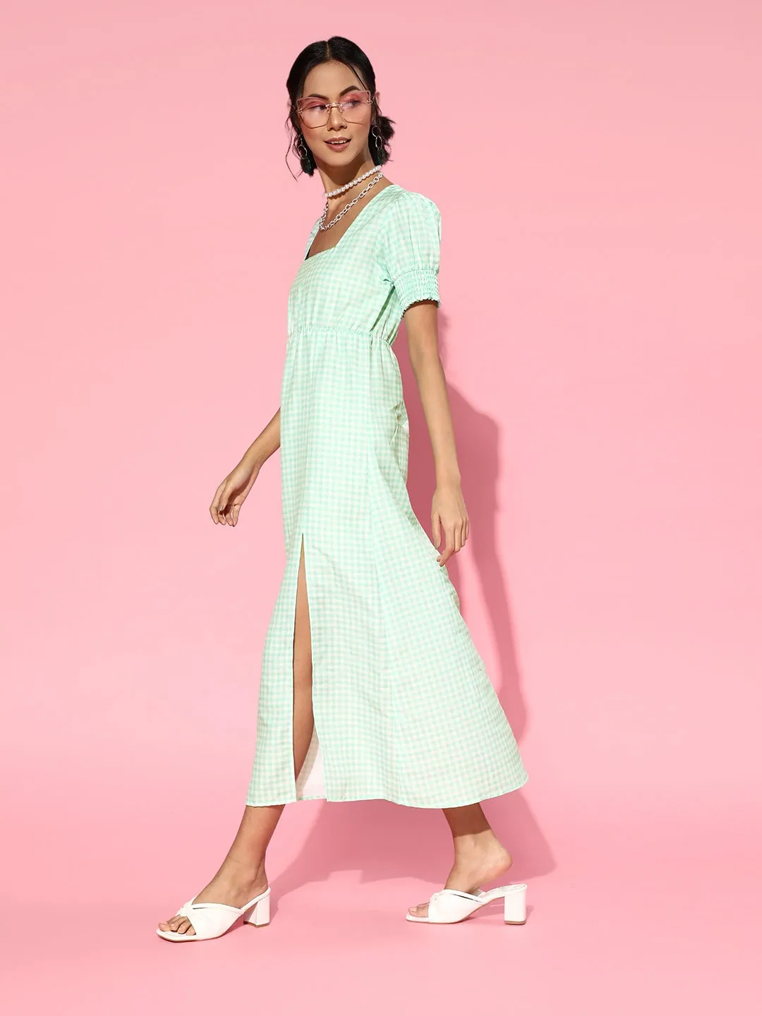 Women Green Gingham Check Square Neck Maxi Dress