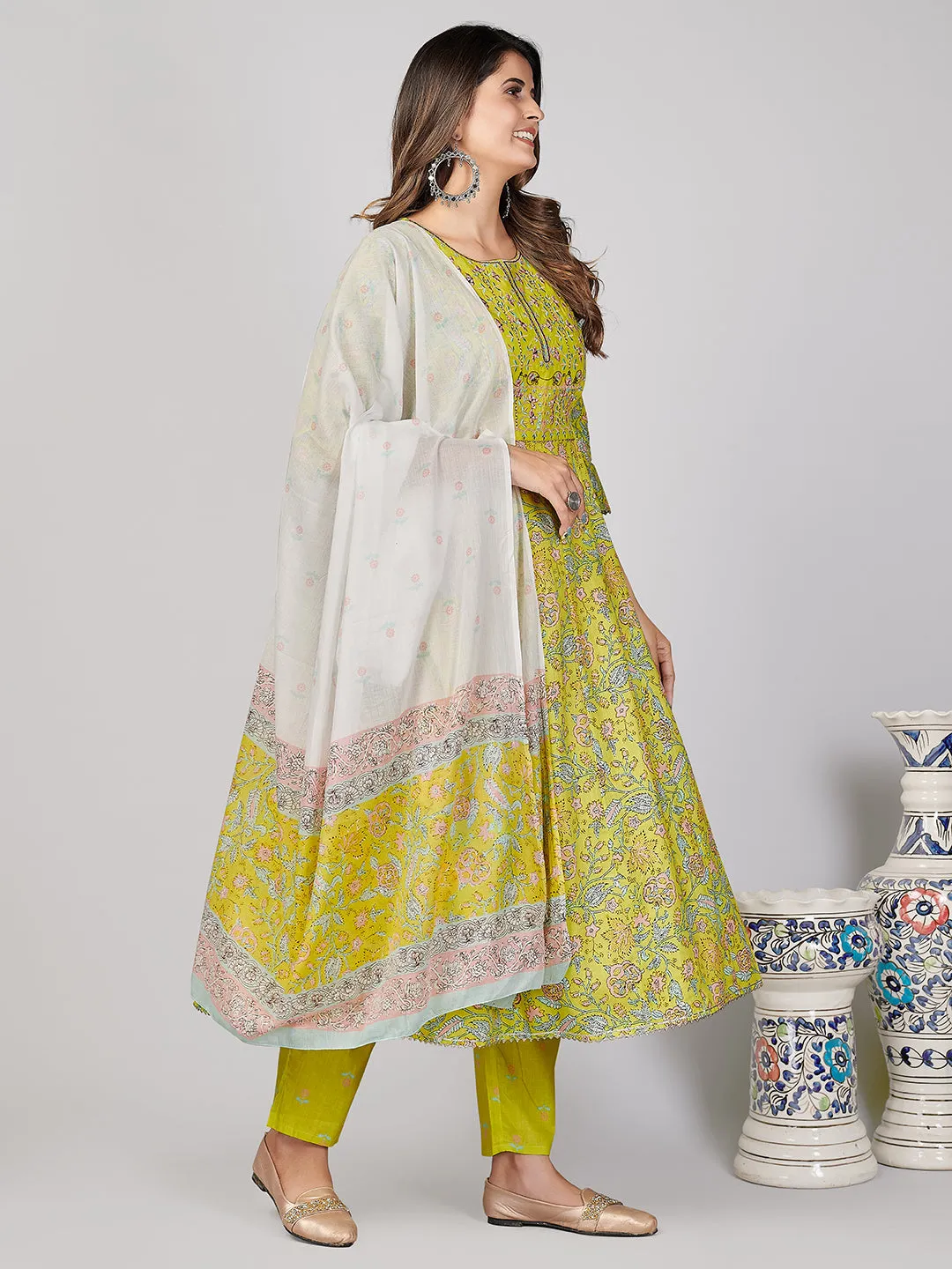 Women'S Parrot Green Anarkali Kurta & Pant With Dupatta- (3Pcs Set)