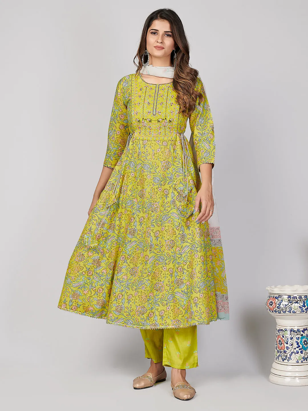 Women'S Parrot Green Anarkali Kurta & Pant With Dupatta- (3Pcs Set)