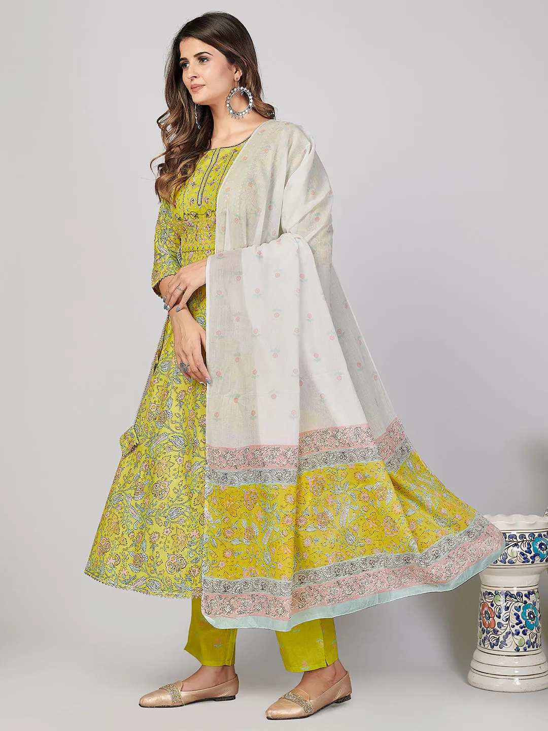 Women'S Parrot Green Anarkali Kurta & Pant With Dupatta- (3Pcs Set)