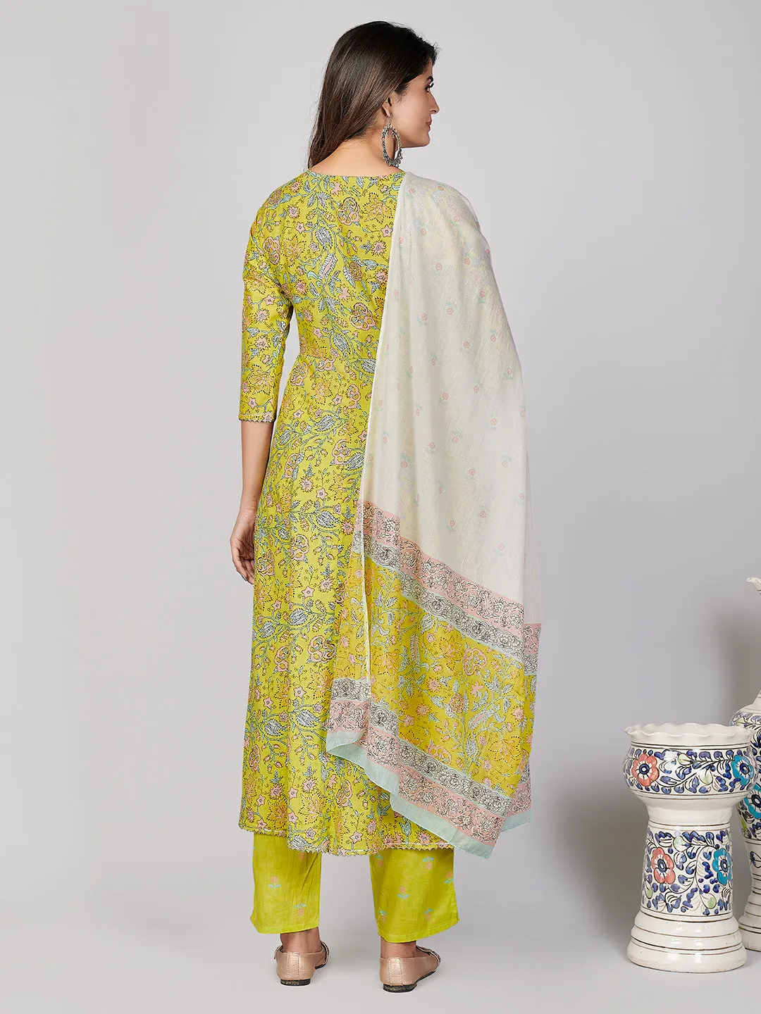 Women'S Parrot Green Anarkali Kurta & Pant With Dupatta- (3Pcs Set)