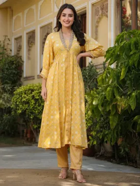 Yellow Muslin Printed Kota Hand Embroidered Kurta Pant Set