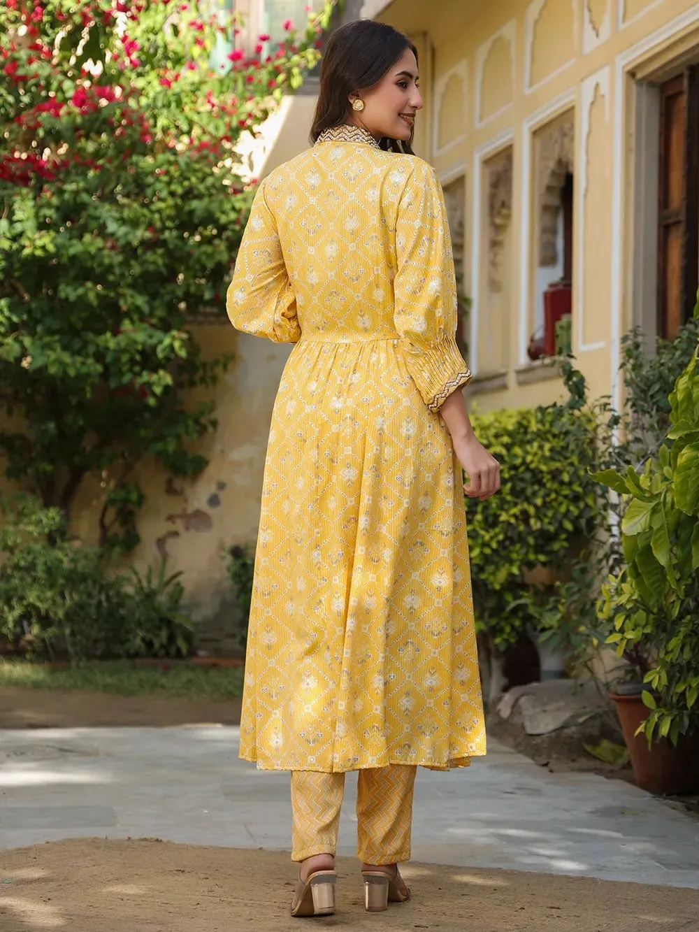 Yellow Muslin Printed Kota Hand Embroidered Kurta Pant Set