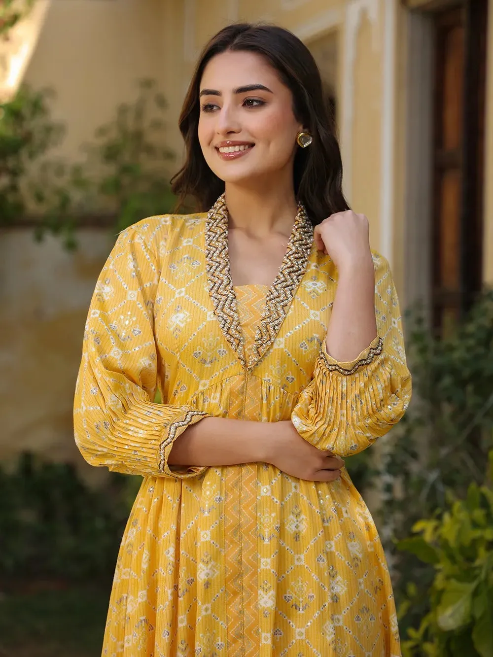 Yellow Muslin Printed Kota Hand Embroidered Kurta Pant Set