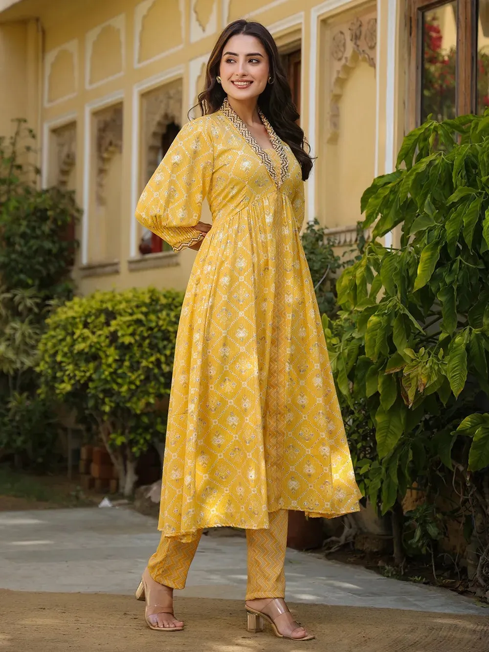 Yellow Muslin Printed Kota Hand Embroidered Kurta Pant Set